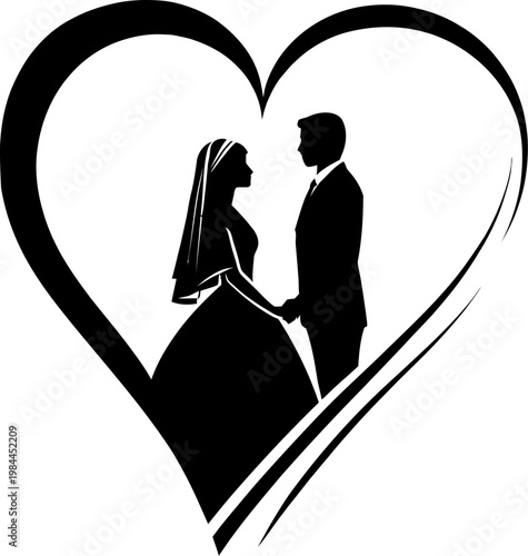 Bride and Groom Silhouette in Heart Shape Wedding Icon