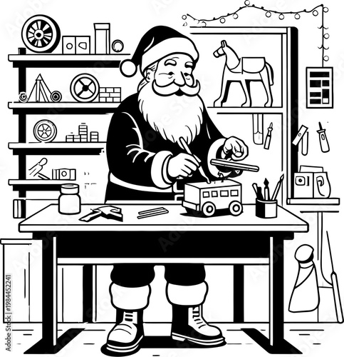 Santa Claus crafting toy truck in workshop line art
