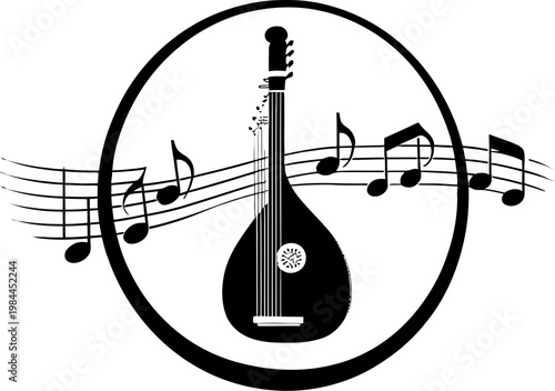 Lute silhouette with musical notes in circular emblem