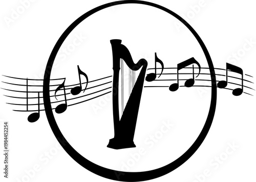 Harp music logo with notes and staff in circle