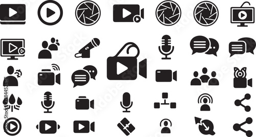 Black and white video production icon set collection