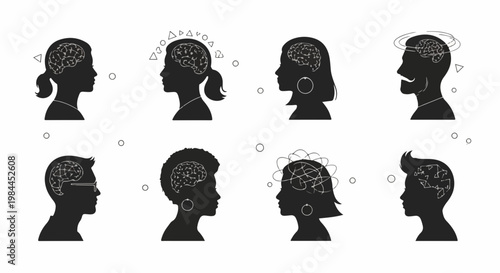 Vector silhouettes of diverse human heads with detailed brains inside, representing different mental states and cognitive processes, conceptual illustration for psychology and neuroscience.