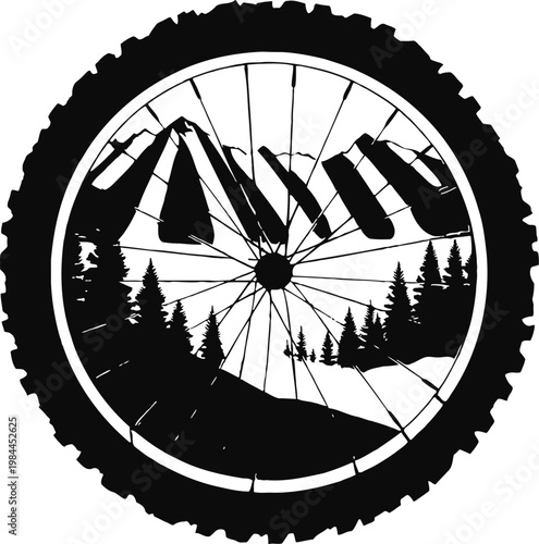 Mountain landscape inside bicycle wheel