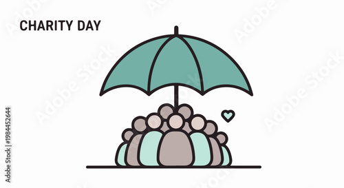 Charity day vector illustration with diverse people protected by umbrella, symbolizing support and community care. Concept for social causes and fundraising events.