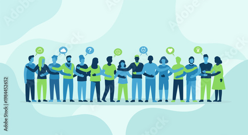 Diverse group of people standing together in unity, vector illustration of community and connection, representing teamwork and social interaction for diverse concepts.
