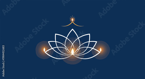 Elegant lotus flower vector illustration with glowing diya lamps, symbolizing peace and spirituality for festive occasions.