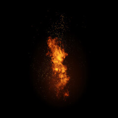Realistic fire sparks and hot glowing embers on black background, particles and flame texture for design overlays, 火