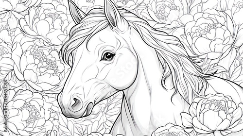 Elegant horse portrait, detailed line art, surrounded by peonies