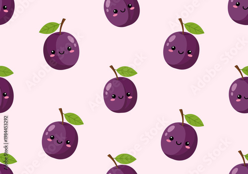 Seamless pattern with cute cartoon plums