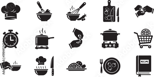Black and white kitchen cooking icons set