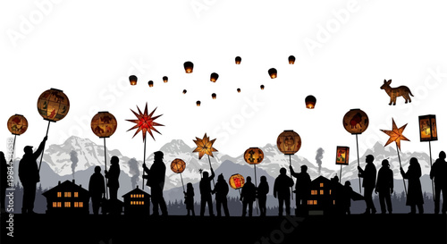 People holding lanterns in a procession.