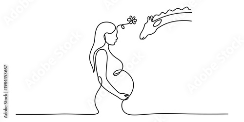 Continuous line drawing of a pregnant woman facing a giraffe with a flower on her head
