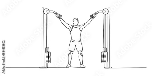 Line drawing of a man performing cable crossover chest exercise at the gym for fitness