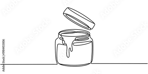 Continuous line drawing of an open glass jar with a dripping substance and a floating lid