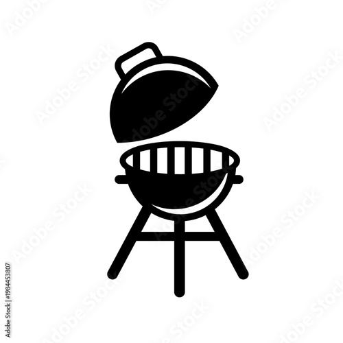 BBQ Grill Icon with Open Lid, Black Silhouette of Charcoal Barbecue for Outdoor Cooking