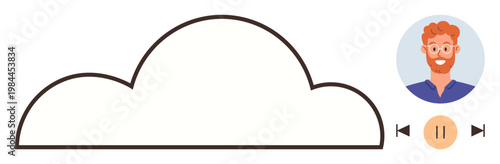 Cloud technology, music streaming, audio playback, digital storage, user interface, online services. Cloud icon with play controls and avatar of a user. Cloud technology and music streaming concept