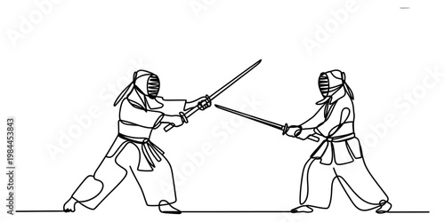 Continuous line drawing of two kendo practitioners in a traditional martial arts duel.