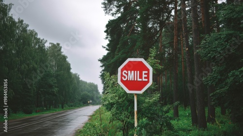 A wet forest road stretches into the distance, lined with green trees, featuring a red octagonal sign with white letters