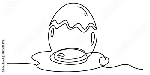 Minimalist continuous line drawing of a cracked egg with yolk on a flat surface