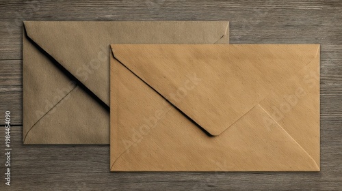 Two unsealed kraft envelopes rest on a dark wood surface, one larger in front, smaller behind, rustic minimalist style.