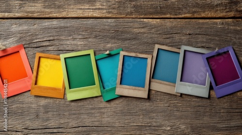 Eight vibrant vintage frames arranged on a rustic wooden plank in a gradient from orange to purple.