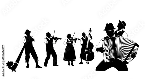 Silhouette of musicians playing instruments together.