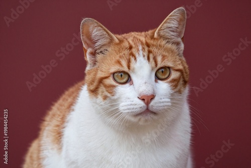 An orange and white cat sitting on a red background