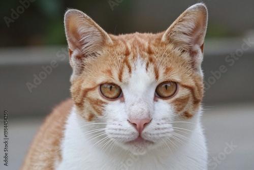 An orange and white cat with green eyes looking at the camera