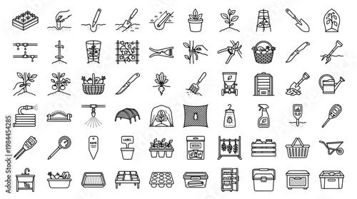 Gardening and horticulture tools and elements vector icon set