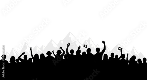 Silhouette of people waving flags high.