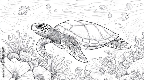 Sea turtle gracefully swims amidst vibrant coral reef and playful fish