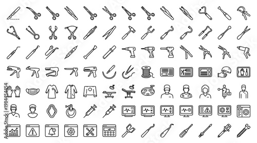 Medical instruments and equipment icons set of surgical tools vector