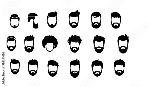 Minimalist men hair and beard silhouette icons in circular layout with trendy male grooming styles isolated on white