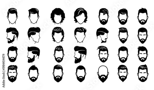 Men hairstyles and beard silhouette icon set with modern haircut and facial hair styles isolated on white background