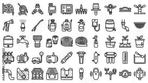 Set of gardening equipment icons sprinklers hoses and watering tools