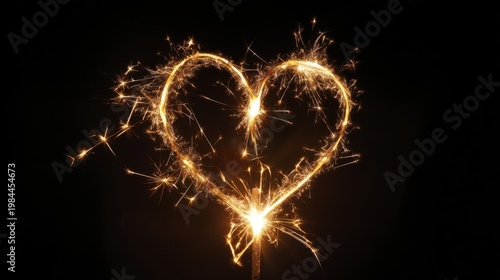 A sparkler draws a bright heart shape in the dark night sky, golden sparks flying, symbolizing passionate romance.