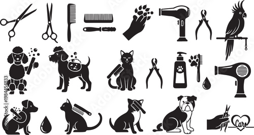 Pet grooming icons and animal care symbols set