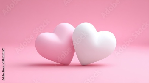 Two smooth 3D hearts together, pink and white, symbolizing love and companionship on soft backdrop.