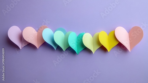 A row of colorful paper hearts in gradient shades from pink to orange arranged neatly on a soft purple background with 3