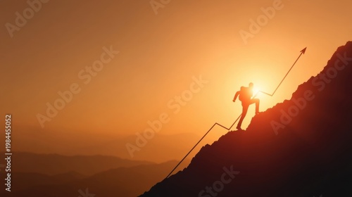 Silhouette climber ascending steep mountain at sunset with upward arrow symbolizing perseverance and success.