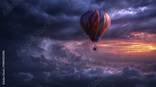 Colorful hot air balloon floats above stormy clouds, lightning strikes left, warm sunset glow right.