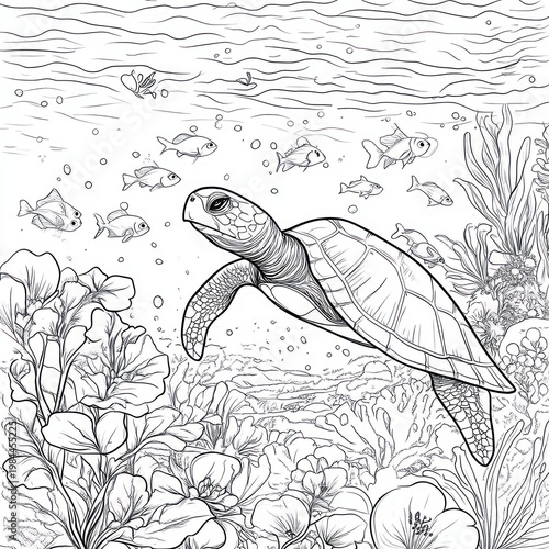 Detailed drawing of a sea turtle swimming underwater surrounded by fish and plants