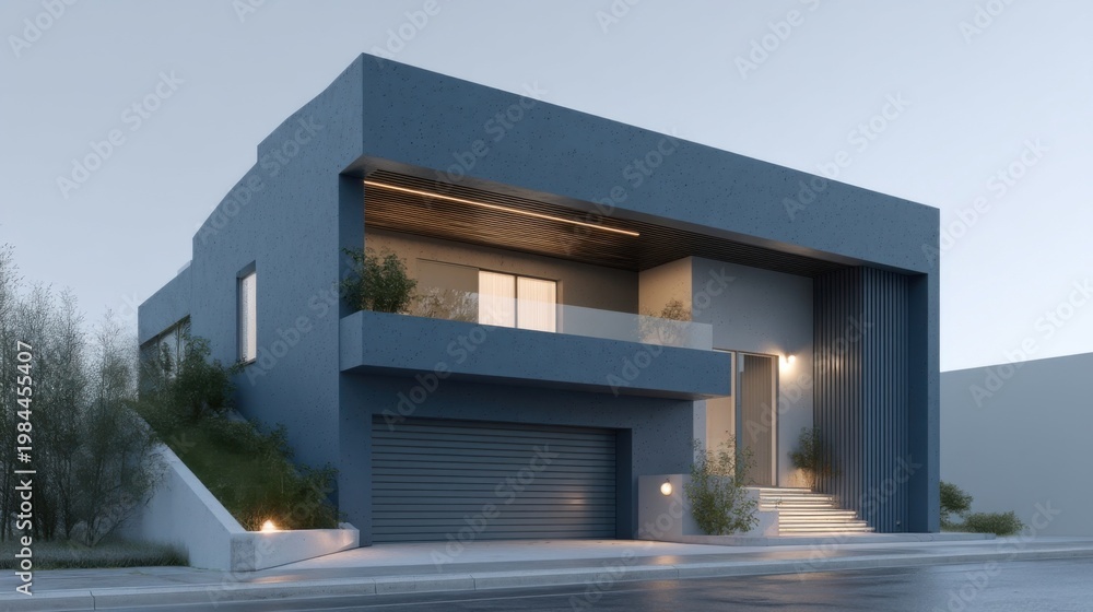 Fototapeta premium Modern minimalist two-story dark blue-grey house with geometric blocks, cantilevered balcony, warm lighting, and greener