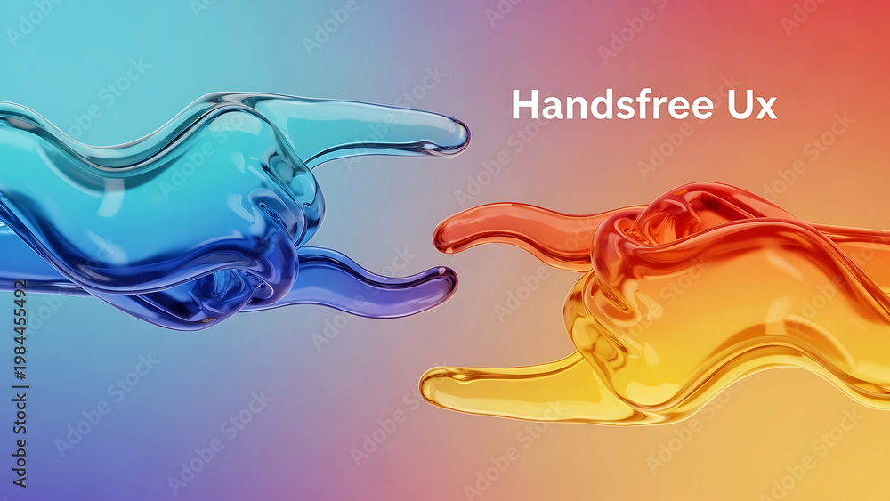 Fototapeta premium Colorful liquid shapes splashing and merging with each other in a gradient background with Handsfree Ux text
