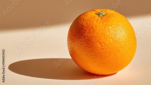 An orange with green stem sits on light surface, textured peel, bright right side, dark left shadow, soft background.