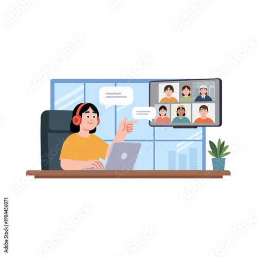 Remote worker video conferencing with colleagues online virtual meeting on laptop and tablet