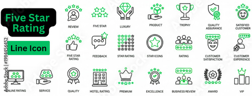 Line art vector of Five Star Rating icon set. Five Star Rating line icon set. Five star icon set contains satisfaction, review, rating, premium, quality, 5 star, feedback, excellence and more. 