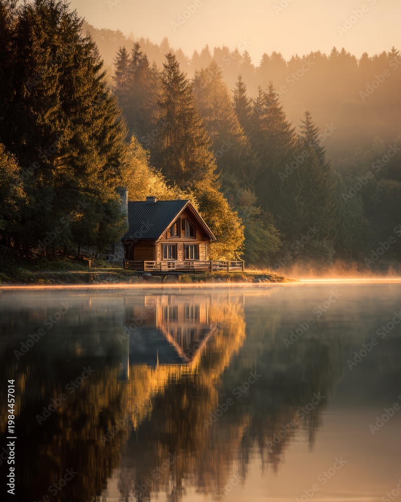 Obraz premium Cozy wooden cabin by calm lake at sunrise, soft golden light, peaceful reflection on water