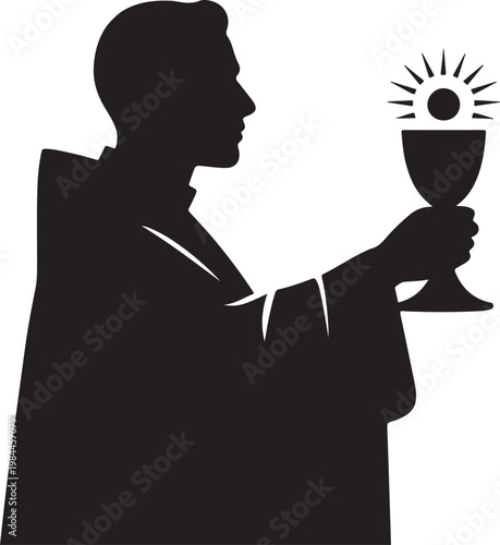 Silhouette of clergy member holding chalice with sun symbol