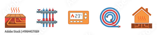 Underfloor heating system and home climate control equipment icons set. Vector Illustration.	
